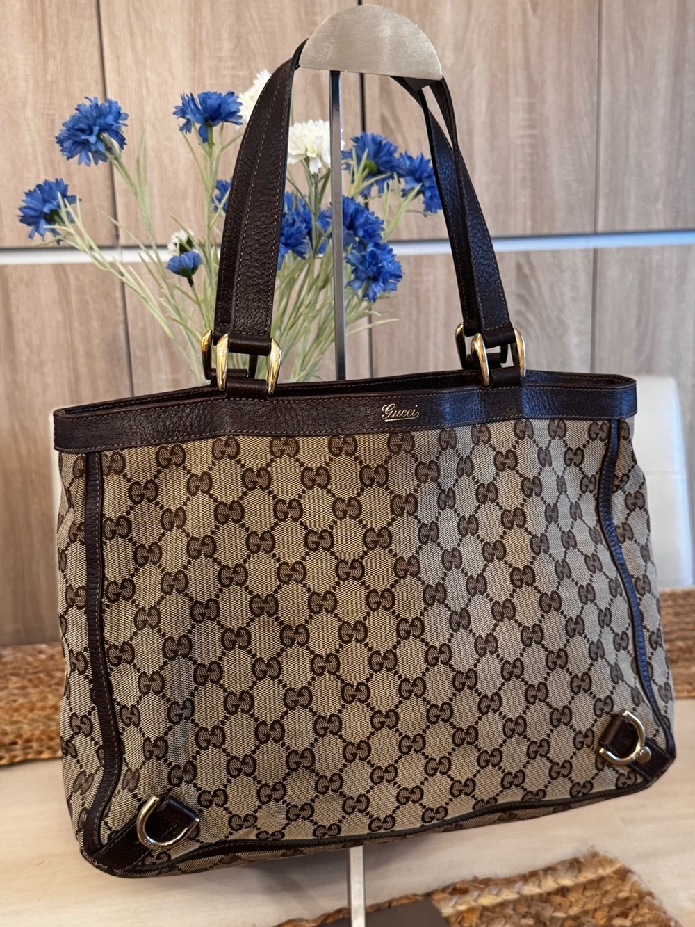 Authentic Gucci Abbey D-Ring GG Canvas & Leather Tote Shoulder Bag Brown Beige